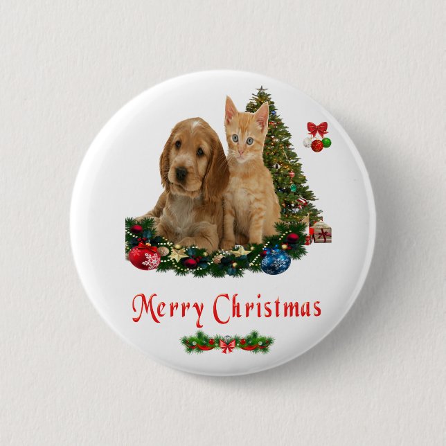 Badge Rond 5 Cm bouton de Noël chaton et chiot (Devant)