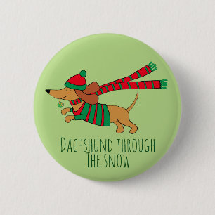 Badge Rond 5 Cm Bouton de Noël Dachshund à travers la neige