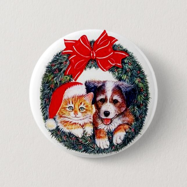 Badge Rond 5 Cm Bouton de Noël de chat et de chien (Devant)