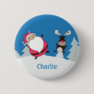 Badge Rond 5 Cm Bouton de nom personnalisé de Cute Père Noël & Rei