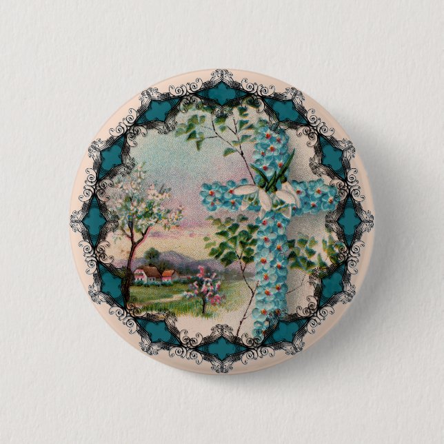 Badge Rond 5 Cm Bouton de Pâques à croix de fleur bleue (Devant)