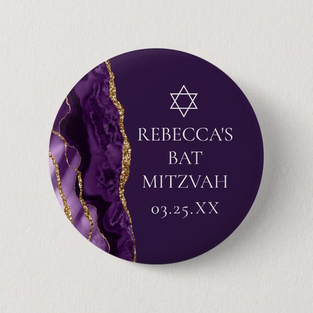 Badge Rond 5 Cm Bouton de partie Bat mitzvah d'âge or violet chic (Devant)