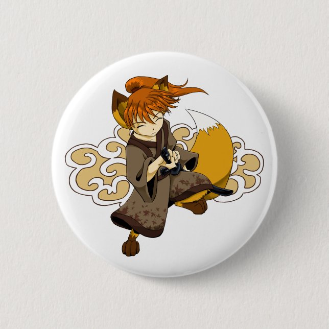 Badge Rond 5 Cm Bouton de samouraïs de Kitsune (Devant)