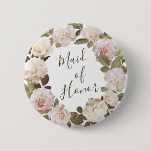 Badge Rond 5 Cm Bouton Demoiselle d'Honneur Roses Françaises Vinta