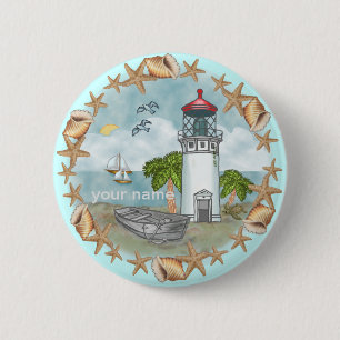 Badge Rond 5 Cm Bouton d'épingle Hawaii Shells Lighthouse