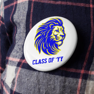 Badge Rond 5 Cm Bouton d'esprit bleu, jaune et blanc de la mascott