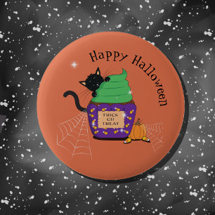 Badge Rond 5 Cm Bouton d'Halloween orange Chat noir