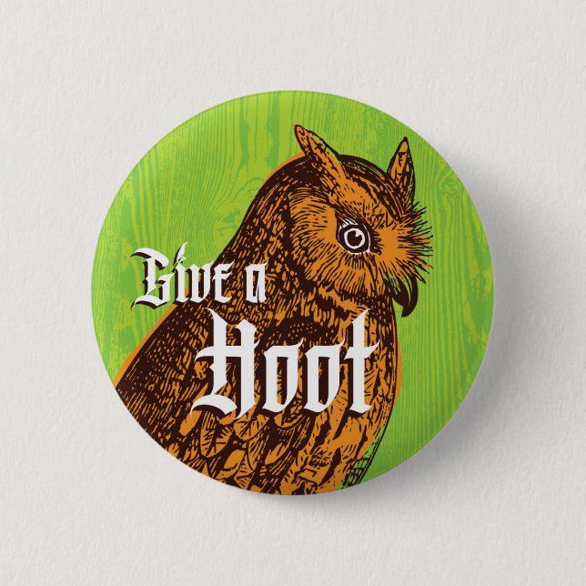 Badge Rond 5 Cm Bouton d'hibou Orange Green Woodgrain (Devant)