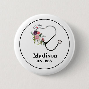 Badge Rond 5 Cm Bouton d'infirmière Stéthoscope avec fleurs