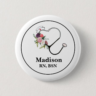 Badge Rond 5 Cm Bouton d'infirmière Stéthoscope avec fleurs