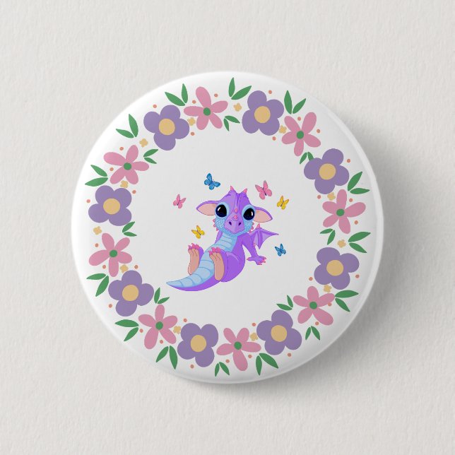 Badge Rond 5 Cm Bouton Dragon Fleur (Devant)