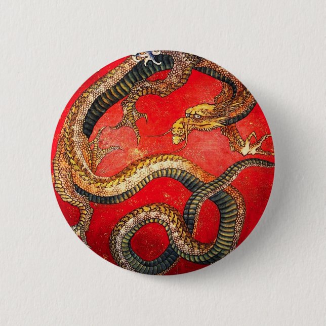 Badge Rond 5 Cm Bouton Dragon japonais d'or Hokusai (Devant)