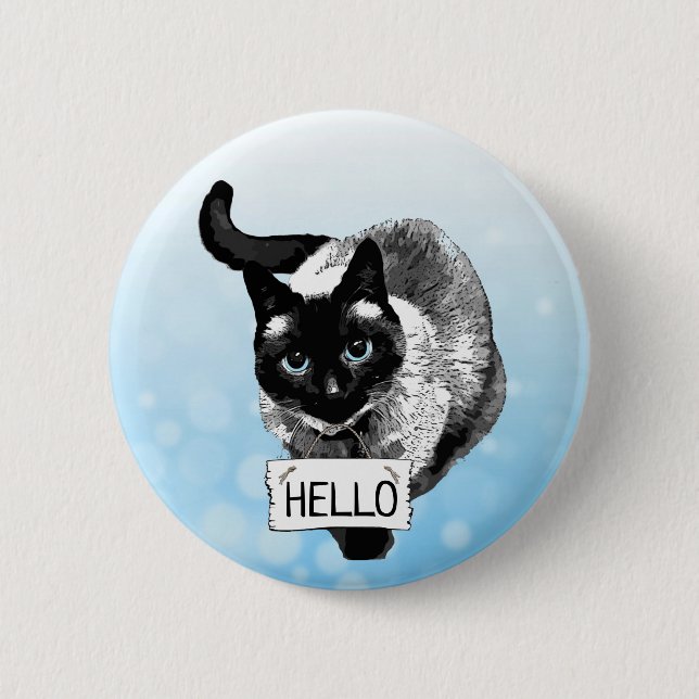 Badge Rond 5 Cm Bouton du signe HELLO Siamese Cat Holding (Devant)