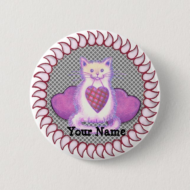 Badge Rond 5 Cm Bouton épinglé Chat à cœur écossais (Devant)
