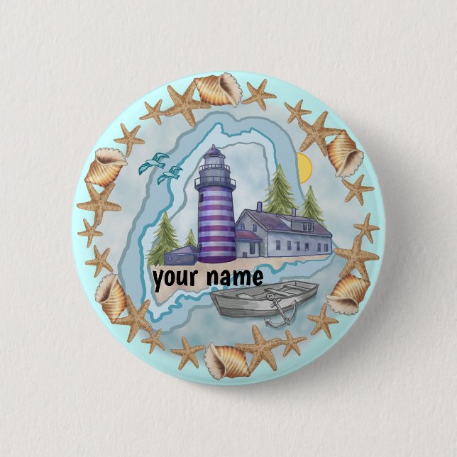 Badge Rond 5 Cm Bouton épinglé du phare de Maine Shells (Devant)