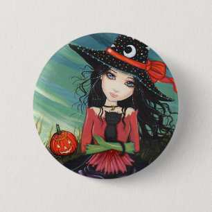 Badge Rond 5 Cm Bouton épinglé Halloween Sorcière Chat Art