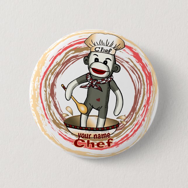 Badge Rond 5 Cm Bouton épinglé Sock Monkey Chef (Devant)