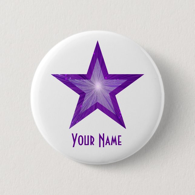 Badge Rond 5 Cm Bouton étoile violette 'Votre nom' blanc (Devant)
