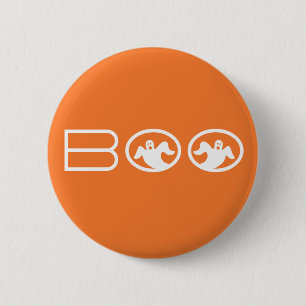 Badge Rond 5 Cm Bouton fantomatique Halloween Boo, orange et blanc