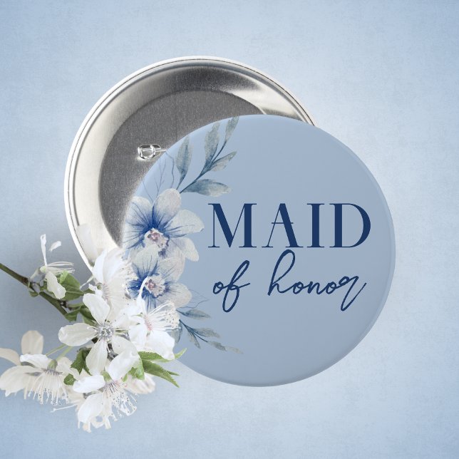 Badge Rond 5 Cm Bouton Fête des mariées florale bleu d'honneur (Maid of Honor Watercolor Blue Floral Guest of Honor Buttons. 5 Sizes Available)