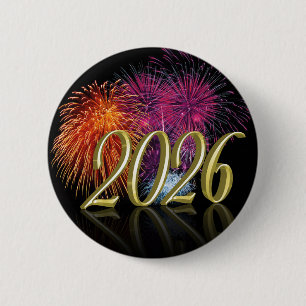 Badge Rond 5 Cm Bouton Feux d'Artifice Bonne Année Or 2026