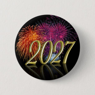 Badge Rond 5 Cm Bouton Feux d'Artifice Bonne Année Or 2027
