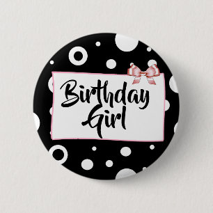 Badge Rond 5 Cm Bouton Fille Anniversaire Noir, blanc et rose Bow