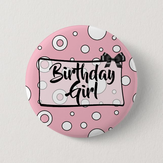 Badge Rond 5 Cm Bouton Fille Anniversaire Noir, blanc et rose Bow (Devant)