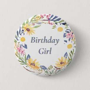 Badge Rond 5 Cm Bouton fille d'anniversaire floral fleur sauvage