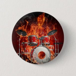 Badge Rond 5 Cm Bouton Flammer Squelette sur tambours