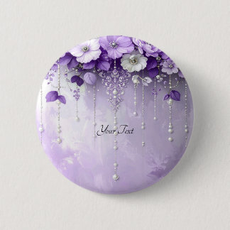 Badge Rond 5 Cm Bouton Fleurs Violettes avec Perles Pendantes