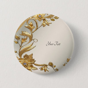 Badge Rond 5 Cm Bouton Floral à Feuilles Ondulées Dorées