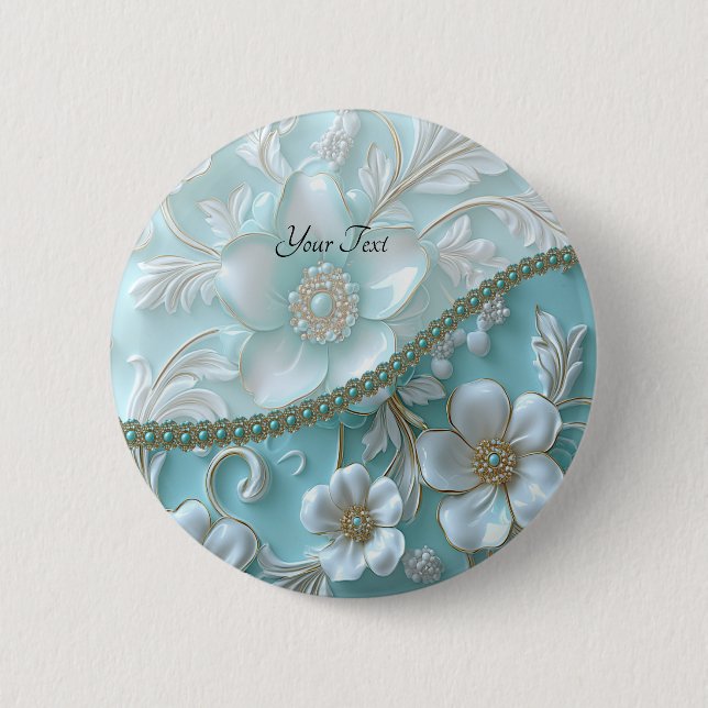 Badge Rond 5 Cm Bouton floral blanc sarcelle (Devant)