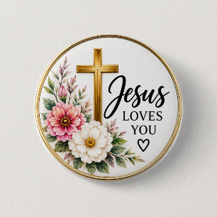 Badge Rond 5 Cm Bouton floral chrétien Jésus vous aime