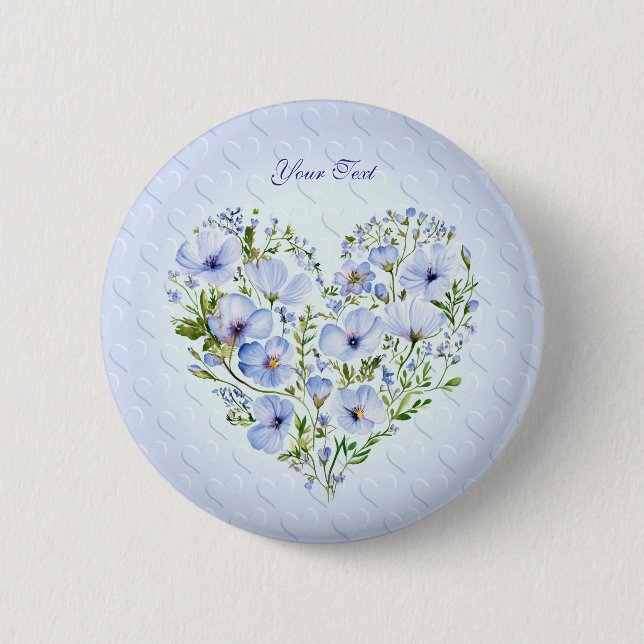 Badge Rond 5 Cm Bouton Floral Coeur Bleu (Devant)
