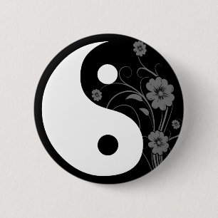 Badge Rond 5 Cm Bouton floral noir de Yin Yang