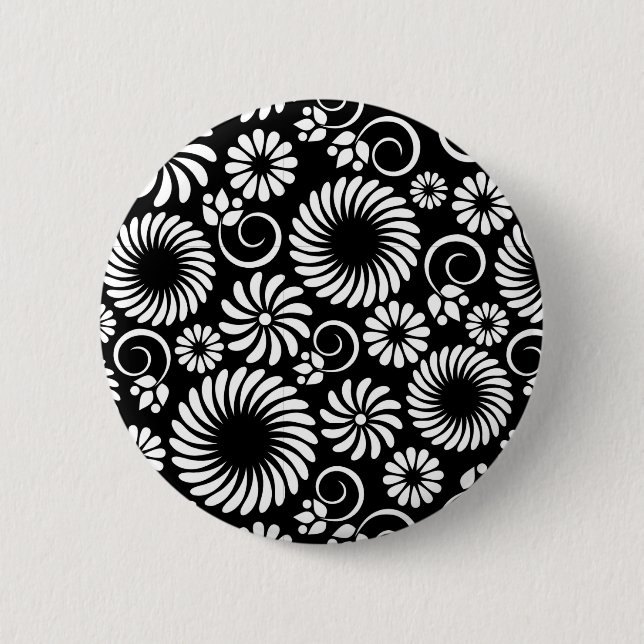 Badge Rond 5 Cm Bouton floral noir et blanc (Devant)