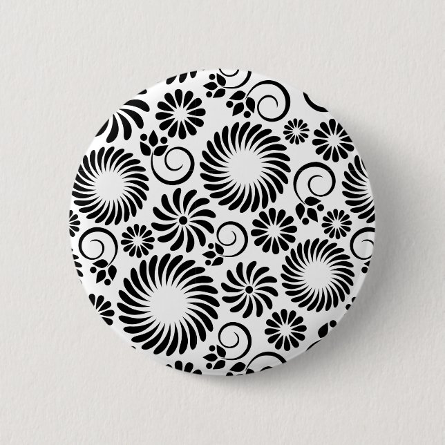 Badge Rond 5 Cm Bouton floral noir et blanc (Devant)