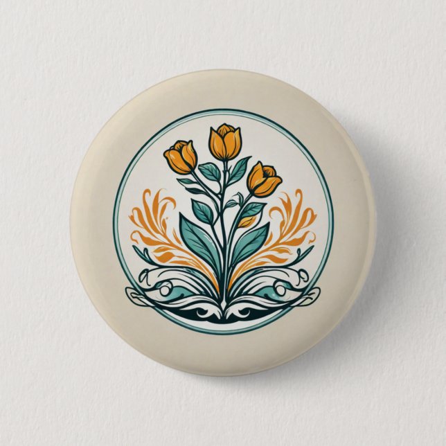Badge Rond 5 Cm Bouton Floral orange (Devant)