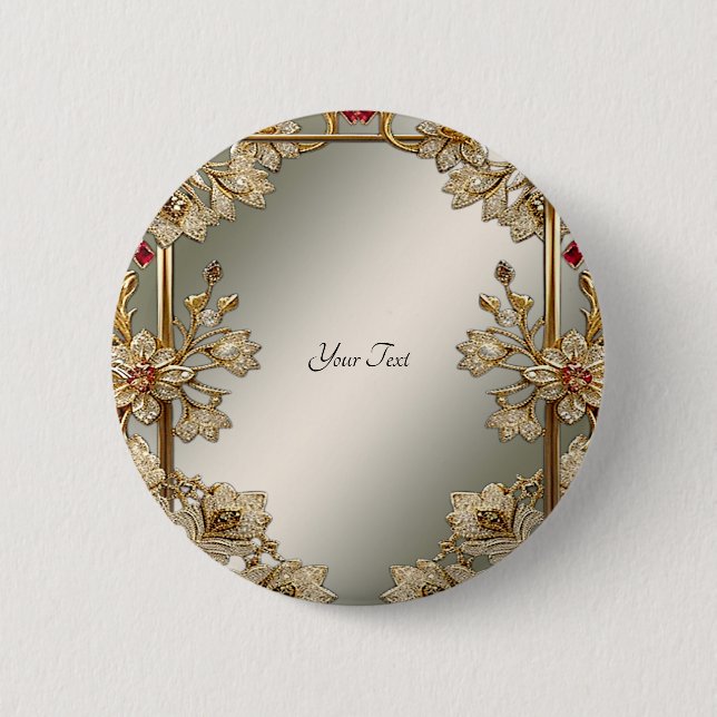 Badge Rond 5 Cm Bouton floral orné doré (Devant)
