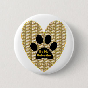 Badge Rond 5 Cm Bouton Gold Ribbed Black Paw Heart Be My Valentine