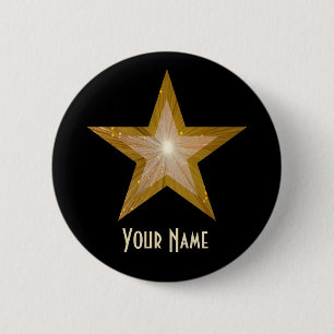 Badge Rond 5 Cm Bouton "Gold" Star "Your Name" noir
