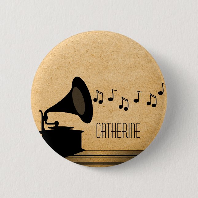 Badge Rond 5 Cm Bouton Gramophone Ébène Vintage (Devant)