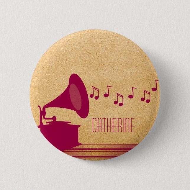 Badge Rond 5 Cm Bouton Gramophone Vintage Fuchsia (Devant)
