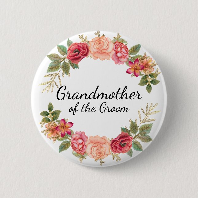 Badge Rond 5 Cm Bouton Grandmère Groom Rose Rouge Floral Wreath (Devant)