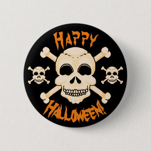 Badge Rond 5 Cm Bouton Halloween crâne et os croisés