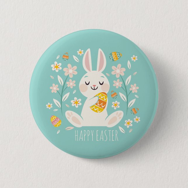 Badge Rond 5 Cm Bouton heureux élégant de Pin du lapin de Pâques | (Devant)