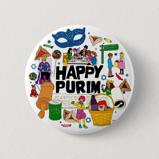 Badge Rond 5 Cm Bouton Joyeux Purim (Devant)