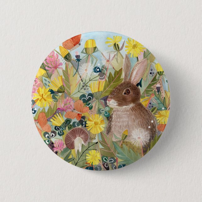 Badge Rond 5 Cm Bouton Lapin Brown et Dandelions (Devant)