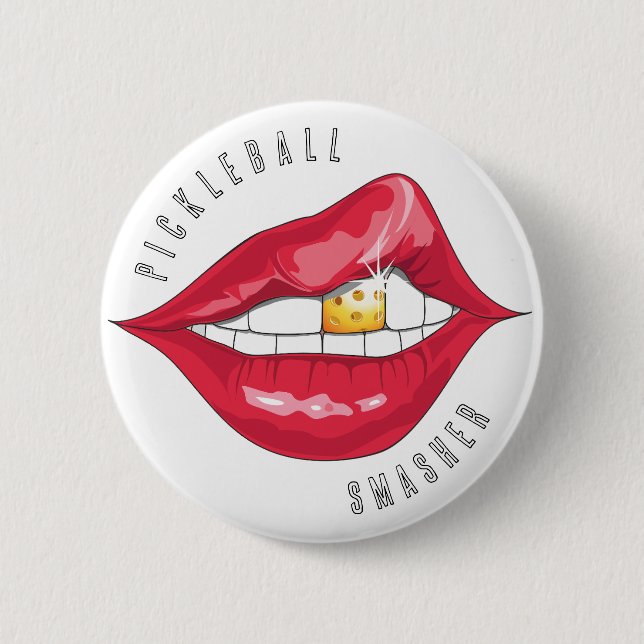 Badge Rond 5 Cm Bouton Lèvres rouges Pickleball Smasher (Devant)